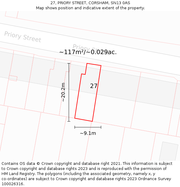 27, PRIORY STREET, CORSHAM, SN13 0AS: Plot and title map