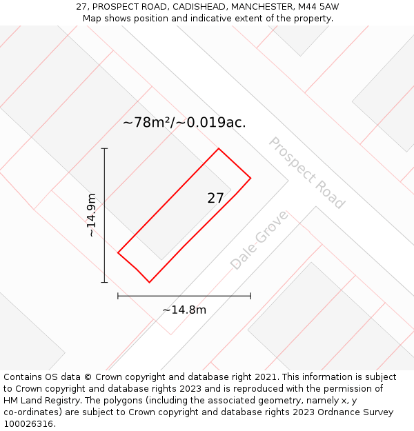 27, PROSPECT ROAD, CADISHEAD, MANCHESTER, M44 5AW: Plot and title map