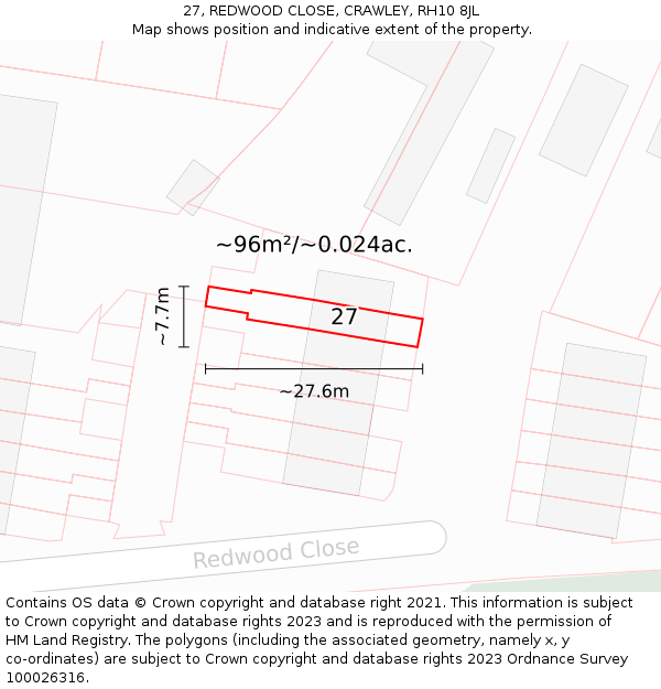 27, REDWOOD CLOSE, CRAWLEY, RH10 8JL: Plot and title map