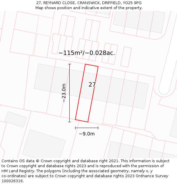 27, REYNARD CLOSE, CRANSWICK, DRIFFIELD, YO25 9PG: Plot and title map