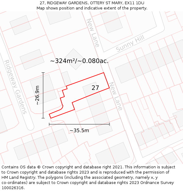 27, RIDGEWAY GARDENS, OTTERY ST MARY, EX11 1DU: Plot and title map