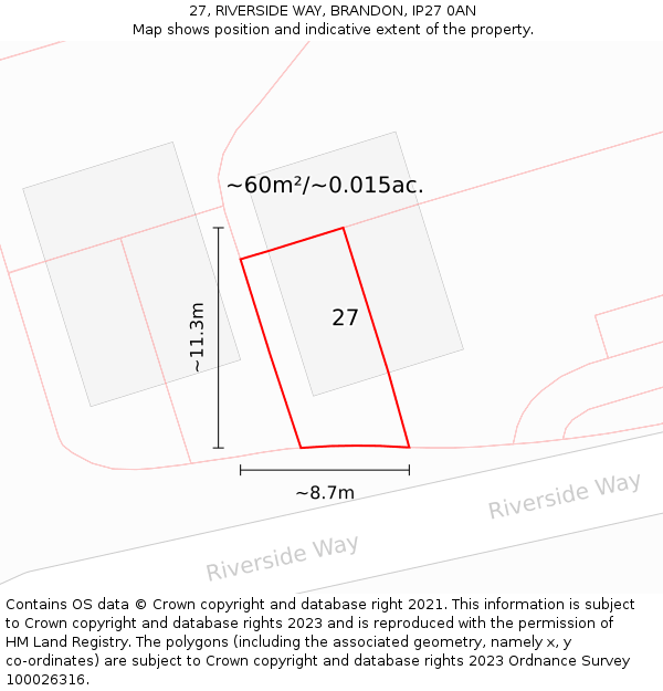 27, RIVERSIDE WAY, BRANDON, IP27 0AN: Plot and title map