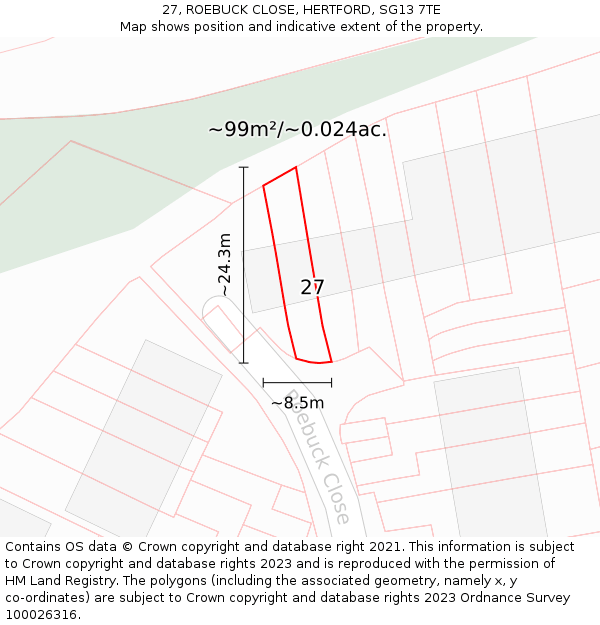 27, ROEBUCK CLOSE, HERTFORD, SG13 7TE: Plot and title map
