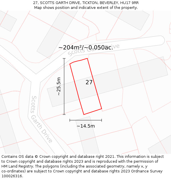 27, SCOTTS GARTH DRIVE, TICKTON, BEVERLEY, HU17 9RR: Plot and title map