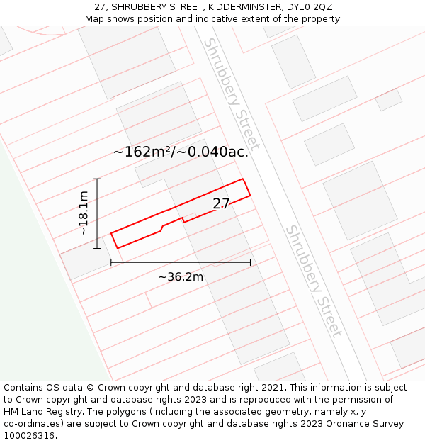 27, SHRUBBERY STREET, KIDDERMINSTER, DY10 2QZ: Plot and title map