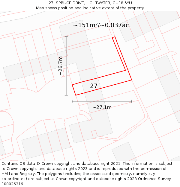 27, SPRUCE DRIVE, LIGHTWATER, GU18 5YU: Plot and title map