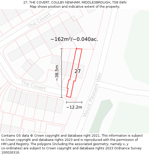 27, THE COVERT, COULBY NEWHAM, MIDDLESBROUGH, TS8 0WN: Plot and title map