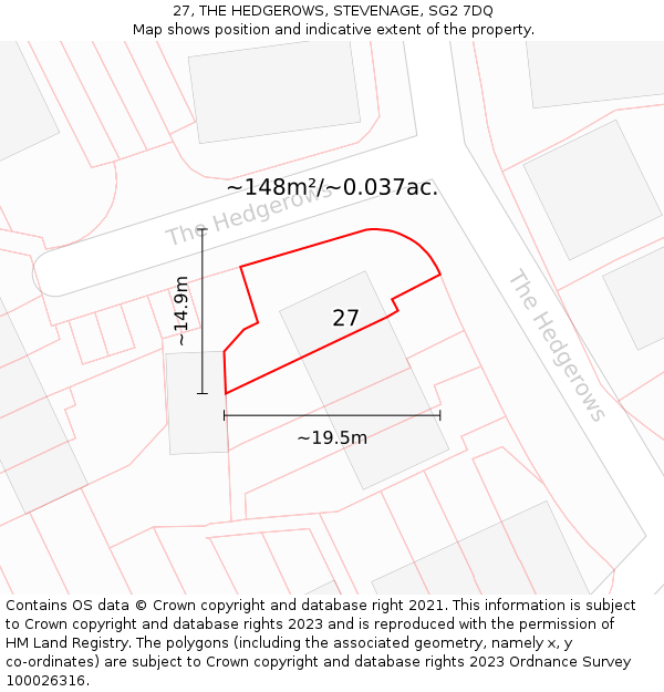 27, THE HEDGEROWS, STEVENAGE, SG2 7DQ: Plot and title map