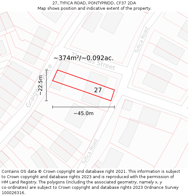 27, TYFICA ROAD, PONTYPRIDD, CF37 2DA: Plot and title map