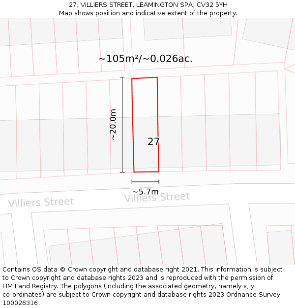 27, VILLIERS STREET, LEAMINGTON SPA, CV32 5YH: Plot and title map