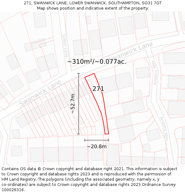 271, SWANWICK LANE, LOWER SWANWICK, SOUTHAMPTON, SO31 7GT: Plot and title map