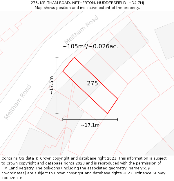 275, MELTHAM ROAD, NETHERTON, HUDDERSFIELD, HD4 7HJ: Plot and title map