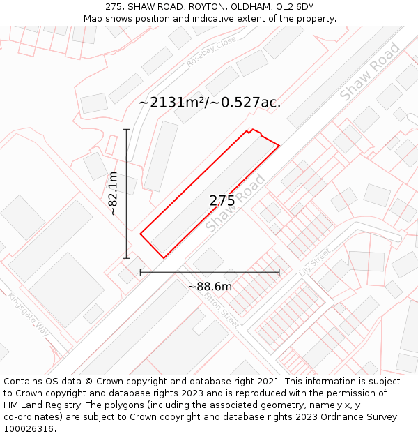 275, SHAW ROAD, ROYTON, OLDHAM, OL2 6DY: Plot and title map