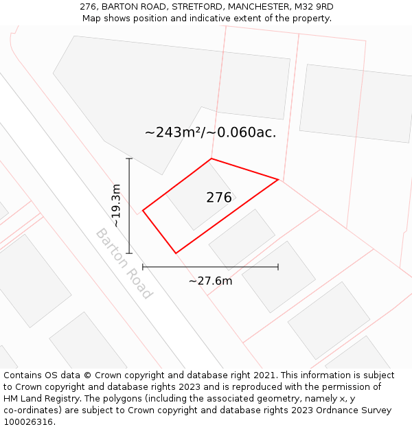 276, BARTON ROAD, STRETFORD, MANCHESTER, M32 9RD: Plot and title map