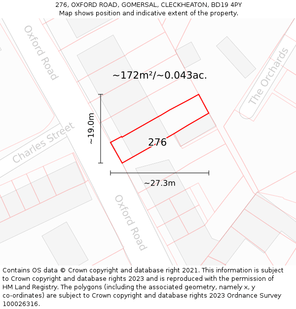 276, OXFORD ROAD, GOMERSAL, CLECKHEATON, BD19 4PY: Plot and title map