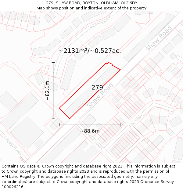 279, SHAW ROAD, ROYTON, OLDHAM, OL2 6DY: Plot and title map