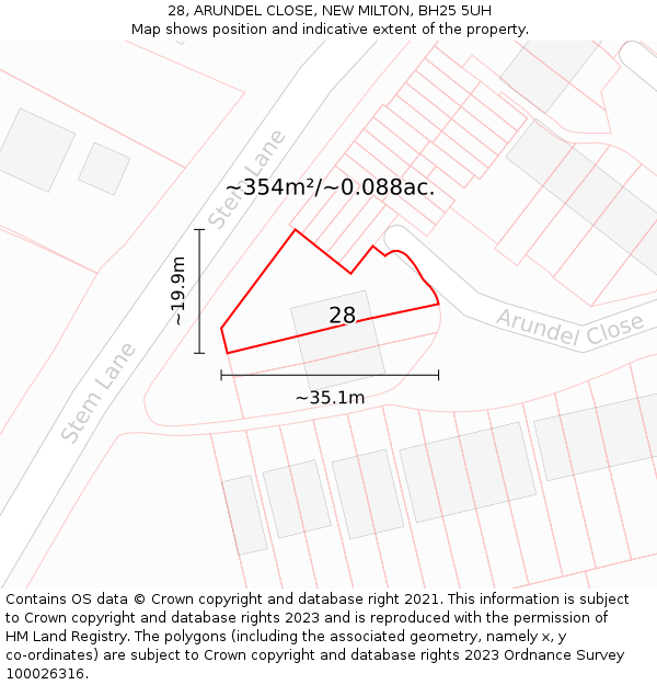 28, ARUNDEL CLOSE, NEW MILTON, BH25 5UH: Plot and title map