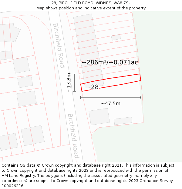 28, BIRCHFIELD ROAD, WIDNES, WA8 7SU: Plot and title map