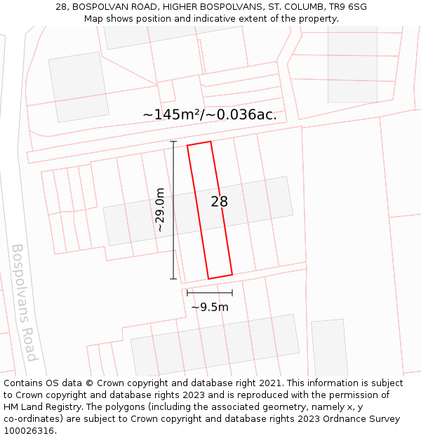 28, BOSPOLVAN ROAD, HIGHER BOSPOLVANS, ST. COLUMB, TR9 6SG: Plot and title map