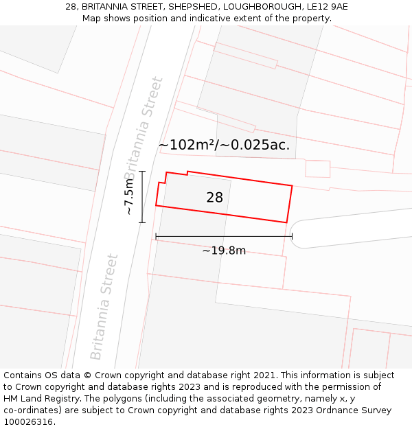 28, BRITANNIA STREET, SHEPSHED, LOUGHBOROUGH, LE12 9AE: Plot and title map