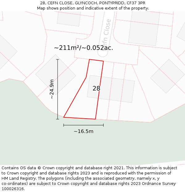 28, CEFN CLOSE, GLYNCOCH, PONTYPRIDD, CF37 3PR: Plot and title map