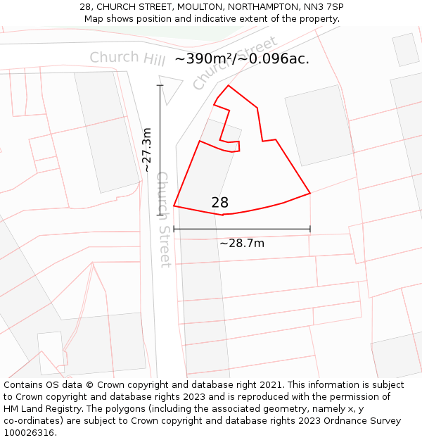 28, CHURCH STREET, MOULTON, NORTHAMPTON, NN3 7SP: Plot and title map