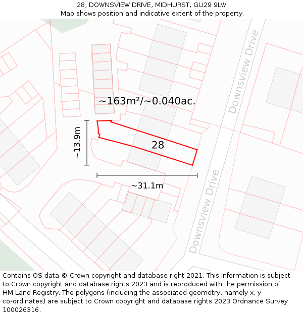 28, DOWNSVIEW DRIVE, MIDHURST, GU29 9LW: Plot and title map