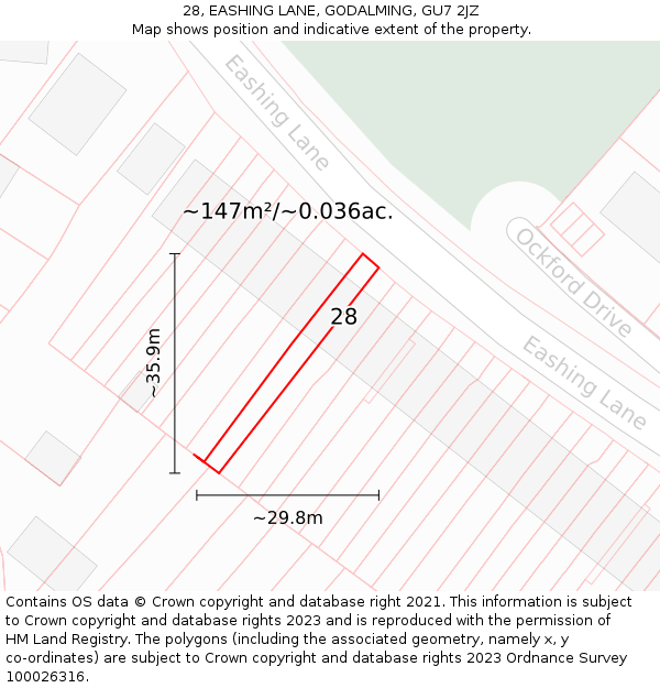 28, EASHING LANE, GODALMING, GU7 2JZ: Plot and title map