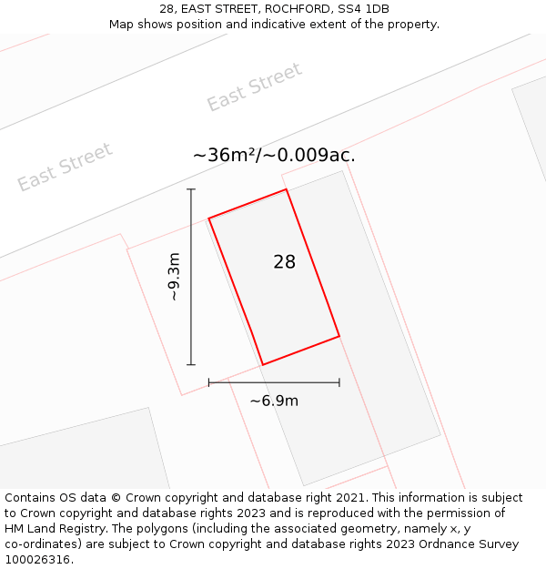 28, EAST STREET, ROCHFORD, SS4 1DB: Plot and title map