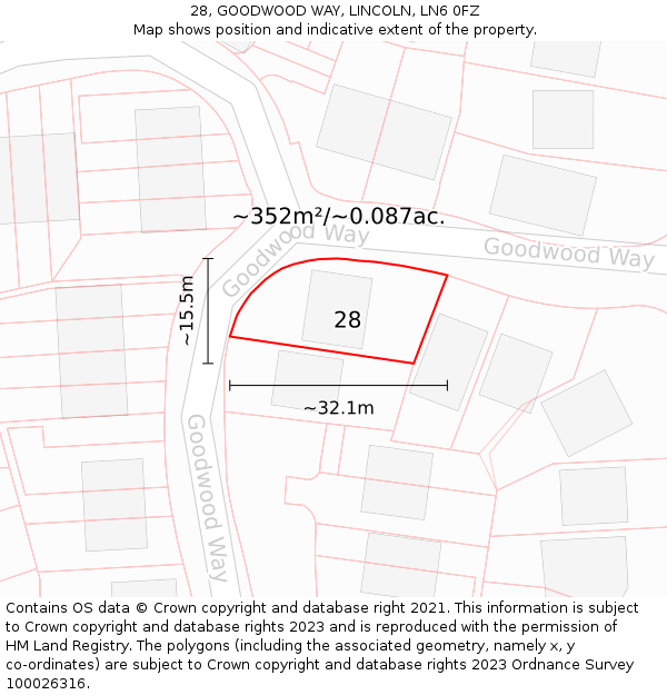 28, GOODWOOD WAY, LINCOLN, LN6 0FZ: Plot and title map