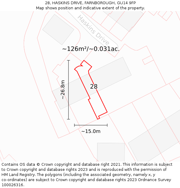 28, HASKINS DRIVE, FARNBOROUGH, GU14 9FP: Plot and title map
