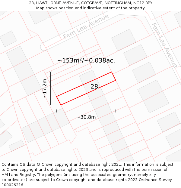 28, HAWTHORNE AVENUE, COTGRAVE, NOTTINGHAM, NG12 3PY: Plot and title map