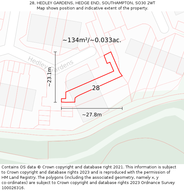 28, HEDLEY GARDENS, HEDGE END, SOUTHAMPTON, SO30 2WT: Plot and title map