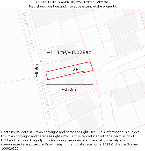 28, HERTSFIELD AVENUE, ROCHESTER, ME2 3PU: Plot and title map