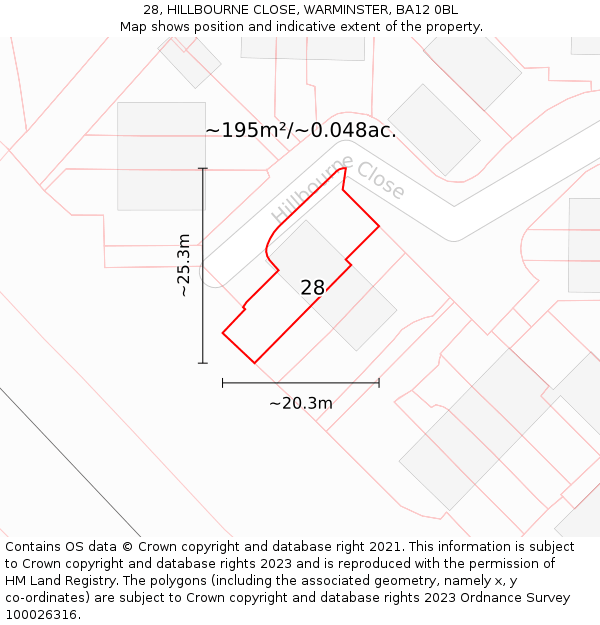 28, HILLBOURNE CLOSE, WARMINSTER, BA12 0BL: Plot and title map