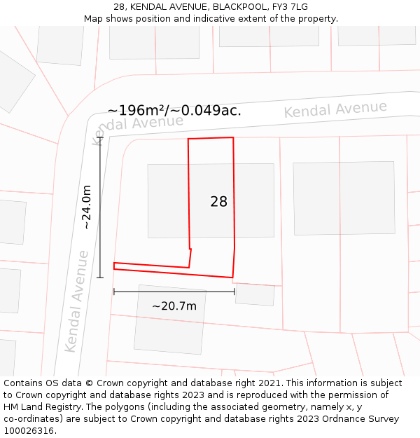28, KENDAL AVENUE, BLACKPOOL, FY3 7LG: Plot and title map