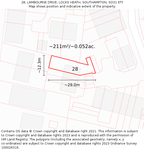28, LAMBOURNE DRIVE, LOCKS HEATH, SOUTHAMPTON, SO31 6TY: Plot and title map