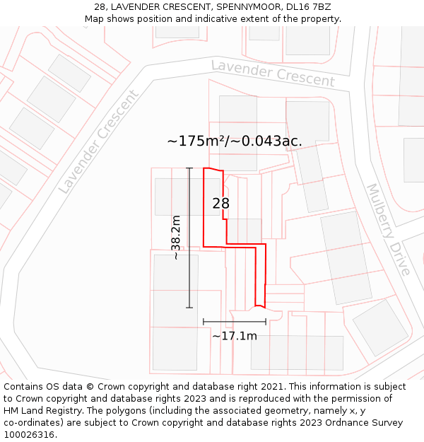 28, LAVENDER CRESCENT, SPENNYMOOR, DL16 7BZ: Plot and title map