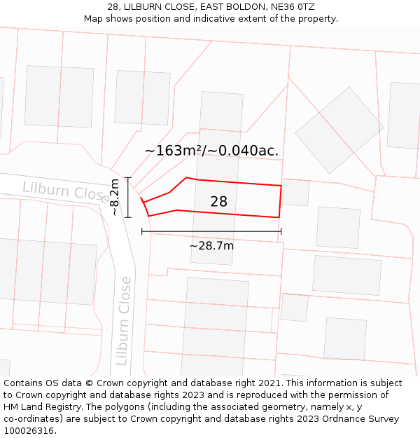 28, LILBURN CLOSE, EAST BOLDON, NE36 0TZ: Plot and title map