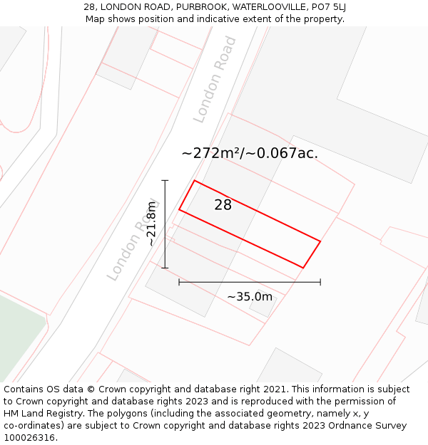 28, LONDON ROAD, PURBROOK, WATERLOOVILLE, PO7 5LJ: Plot and title map
