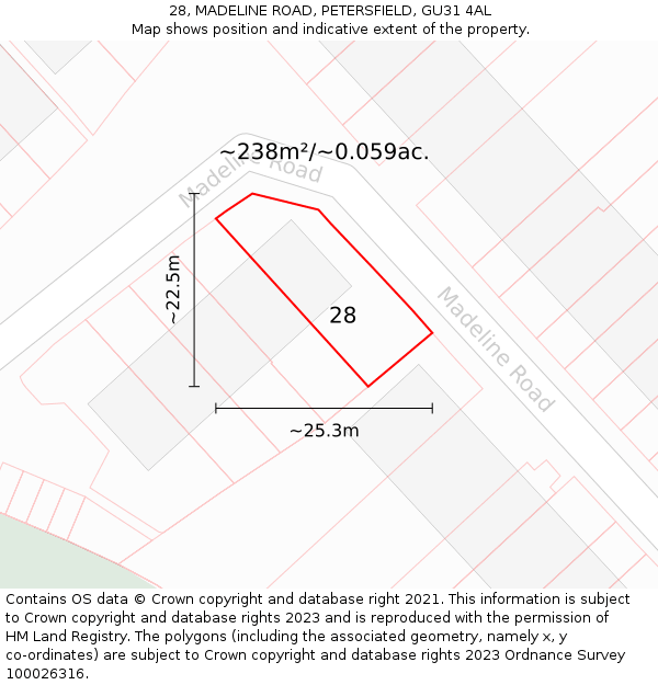 28, MADELINE ROAD, PETERSFIELD, GU31 4AL: Plot and title map