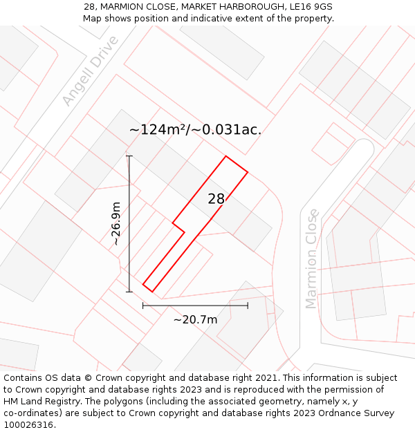 28, MARMION CLOSE, MARKET HARBOROUGH, LE16 9GS: Plot and title map