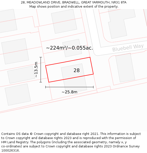 28, MEADOWLAND DRIVE, BRADWELL, GREAT YARMOUTH, NR31 8TA: Plot and title map