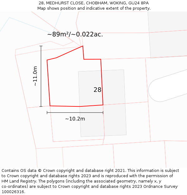 28, MEDHURST CLOSE, CHOBHAM, WOKING, GU24 8PA: Plot and title map