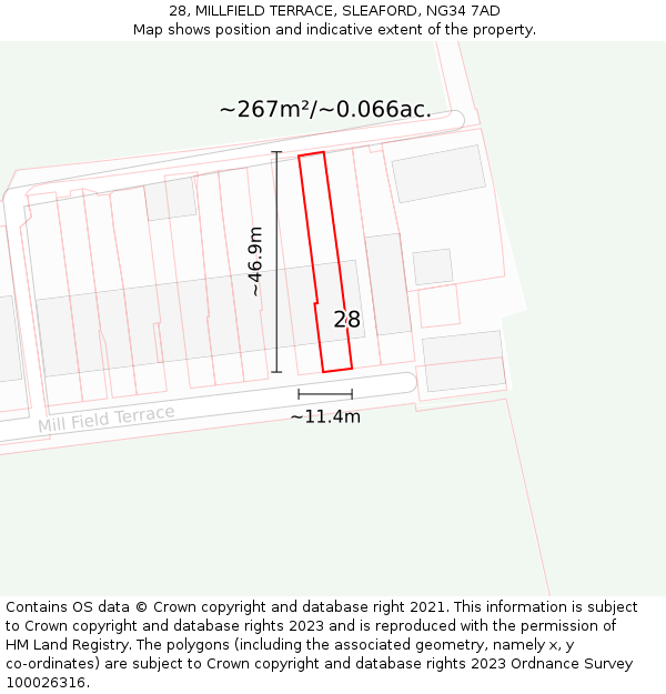 28, MILLFIELD TERRACE, SLEAFORD, NG34 7AD: Plot and title map