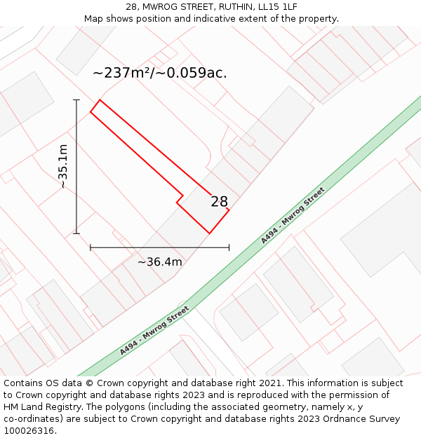 28, MWROG STREET, RUTHIN, LL15 1LF: Plot and title map