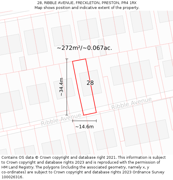 28, RIBBLE AVENUE, FRECKLETON, PRESTON, PR4 1RX: Plot and title map