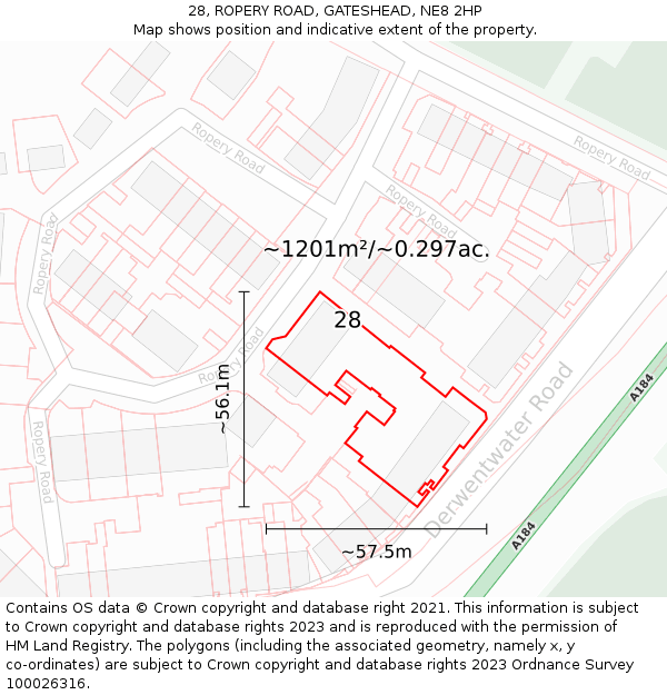 28, ROPERY ROAD, GATESHEAD, NE8 2HP: Plot and title map