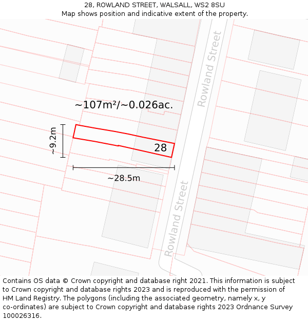 28, ROWLAND STREET, WALSALL, WS2 8SU: Plot and title map