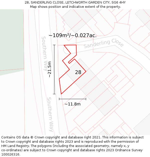 28, SANDERLING CLOSE, LETCHWORTH GARDEN CITY, SG6 4HY: Plot and title map